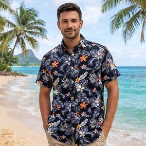 Cactus Man Ricky Singh Hawaiian Shirt Mens M Slim Fit Black Floral Cotton SS